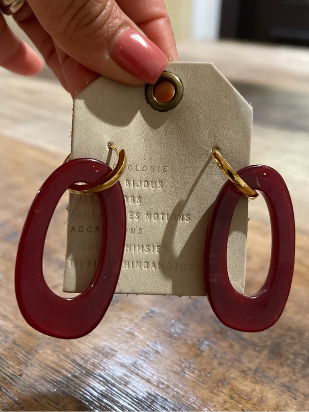 Anthropologie Gold Hoop with Deep Burgundy Resin Oval Drops - Picture 2 of 3